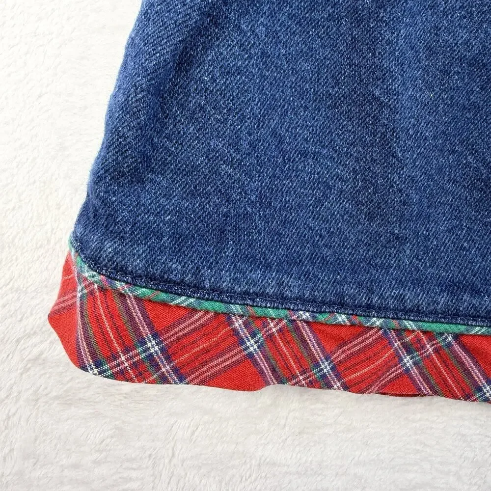 Vtg 90s OshKosh Girls 4 Denim Skirt Gingham Red Plaid‎ Trim Pull On USA Cotton
